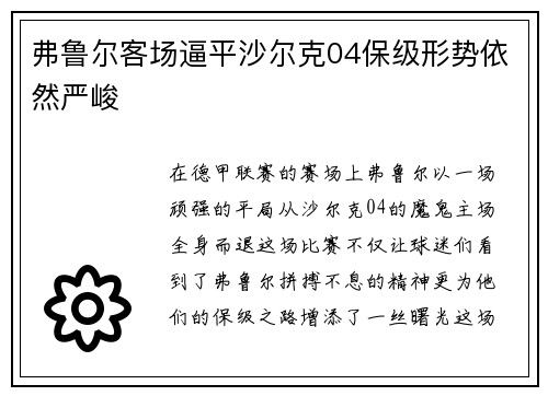 弗鲁尔客场逼平沙尔克04保级形势依然严峻